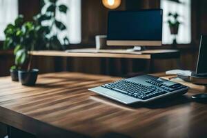 a desk with a computer, keyboard and mouse. AI-Generated photo