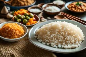 a variety of rice dishes are arranged on a table. AI-Generated photo