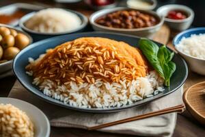 a variety of rice dishes on a wooden table. AI-Generated photo