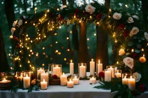candles and flowers are arranged in a forest setting. AI-Generated photo