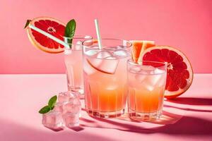 grapefruit juice and ice cubes on a pink background. AI-Generated photo
