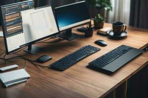 a desk with two computer monitors and keyboard. AI-Generated photo