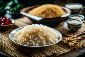 a bowl of rice with other ingredients on a table. AI-Generated photo