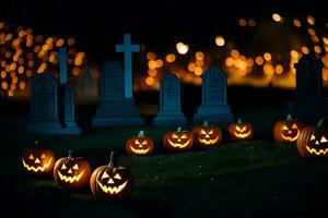 halloween pumpkins in a graveyard at night. AI-Generated photo