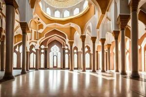 the interior of a mosque with arches and pillars. AI-Generated photo