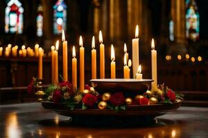 candles are lit in a church with candles and flowers. AI-Generated photo