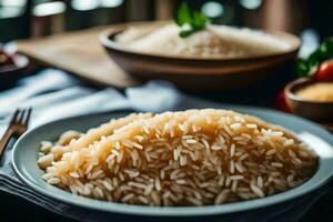 a plate of brown rice with a bowl of rice next to it. AI-Generated photo