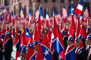 a large group of people holding flags. AI-Generated photo