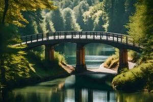un puente abarcando terminado un río en el medio de un bosque. generado por ai foto