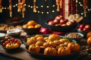 a table with a variety of pumpkins and other foods. AI-Generated photo