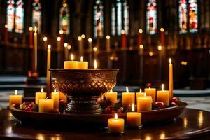 candles are lit in a church with candles in the background. AI-Generated photo