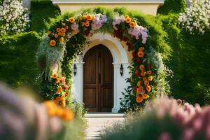 un arco con flores y verdor. generado por ai foto