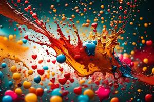 colorful paint splashes and hearts on a black background. AI-Generated photo