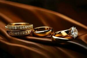 gold wedding rings on a brown cloth. AI-Generated photo