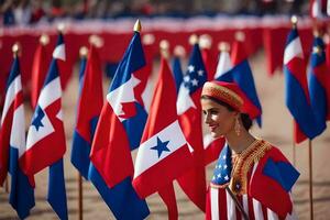 a woman in a traditional costume stands in front of many flags. AI-Generated photo