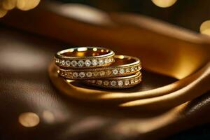 two gold wedding rings on a leather surface. AI-Generated photo