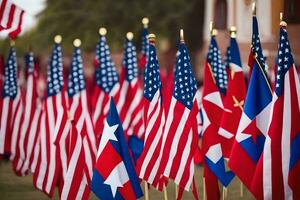 many american and cuban flags are lined up. AI-Generated photo