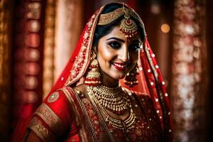 a beautiful indian bride in traditional red and gold. AI-Generated photo