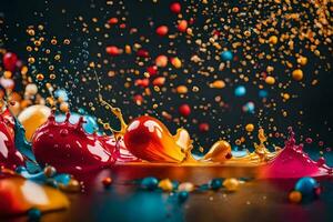 colorful paint splashes on a black background. AI-Generated photo