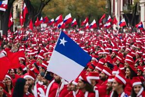 un grande grupo de personas vistiendo rojo y blanco sombreros y participación banderas generado por ai foto