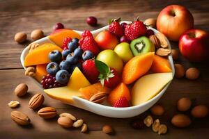 a bowl of fruit with nuts and apples. AI-Generated photo