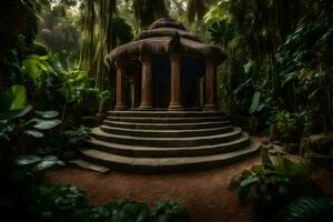 a gazebo in the jungle surrounded by trees. AI-Generated photo