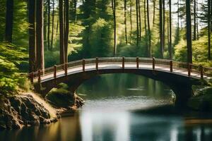 a bridge spanning over a river in the woods. AI-Generated photo