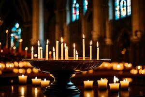 candles are lit in a church with candles in the background. AI-Generated photo