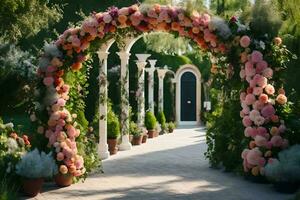 un Boda arco hecho de flores en el jardín. generado por ai foto