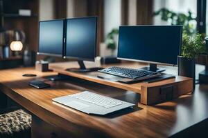 a desk with two computer monitors and keyboard. AI-Generated photo