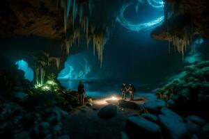 dos personas estar en frente de un cueva con un ligero brillante mediante él. generado por ai foto