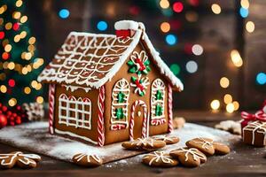 a ginger house with christmas decorations and cookies photo