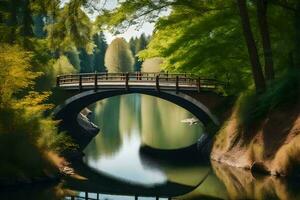 a bridge over a river in the woods. AI-Generated photo