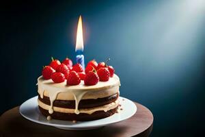 cumpleaños pastel con velas y fresas en un oscuro antecedentes. generado por ai foto