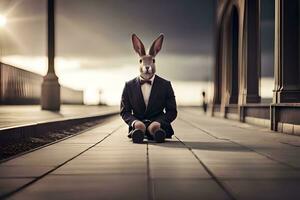 un Conejo vistiendo un traje y Corbata sentado en el suelo. generado por ai foto