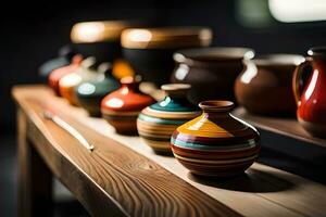 a row of colorful vases on a wooden table. AI-Generated photo