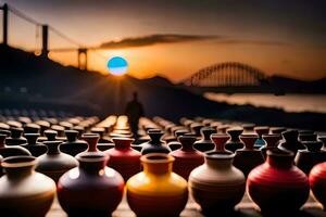 a group of vases are lined up in front of a sunset. AI-Generated photo