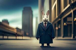 a rabbit dressed in a suit and tie standing in the middle of a city street. AI-Generated photo