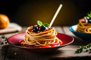 spaghetti with tomato sauce and blueberries on wooden table. AI-Generated photo