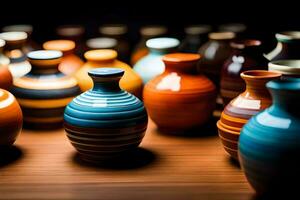many colorful vases are sitting on a table. AI-Generated photo