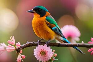 un vistoso pájaro se sienta en un rama con rosado flores generado por ai foto