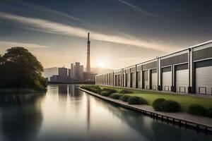 a large industrial building with a canal in front of it. AI-Generated photo