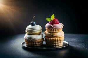 Tres magdalenas con Crema en un negro antecedentes. generado por ai foto