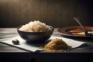 rice and noodles in a bowl on a wooden table. AI-Generated photo