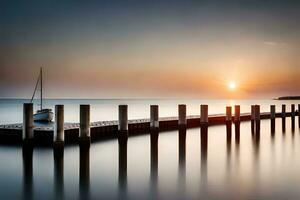 un barco es atracado a el final de un muelle a puesta de sol. generado por ai foto