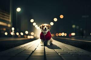 a dog wearing a red jacket standing on a street at night. AI-Generated photo