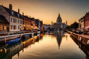 the sun is setting over a canal in europe. AI-Generated photo