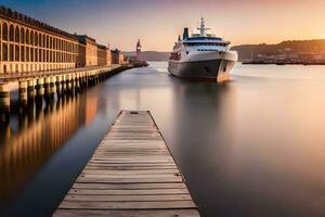 un crucero Embarcacion atracado a el muelle en un ciudad. generado por ai foto