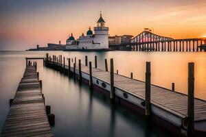 a pier with a castle in the background at sunset. AI-Generated photo