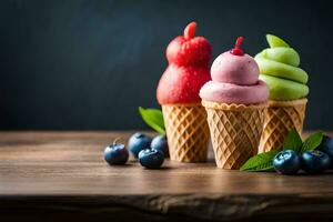 three ice cream cones with different colors on a wooden table. AI-Generated photo